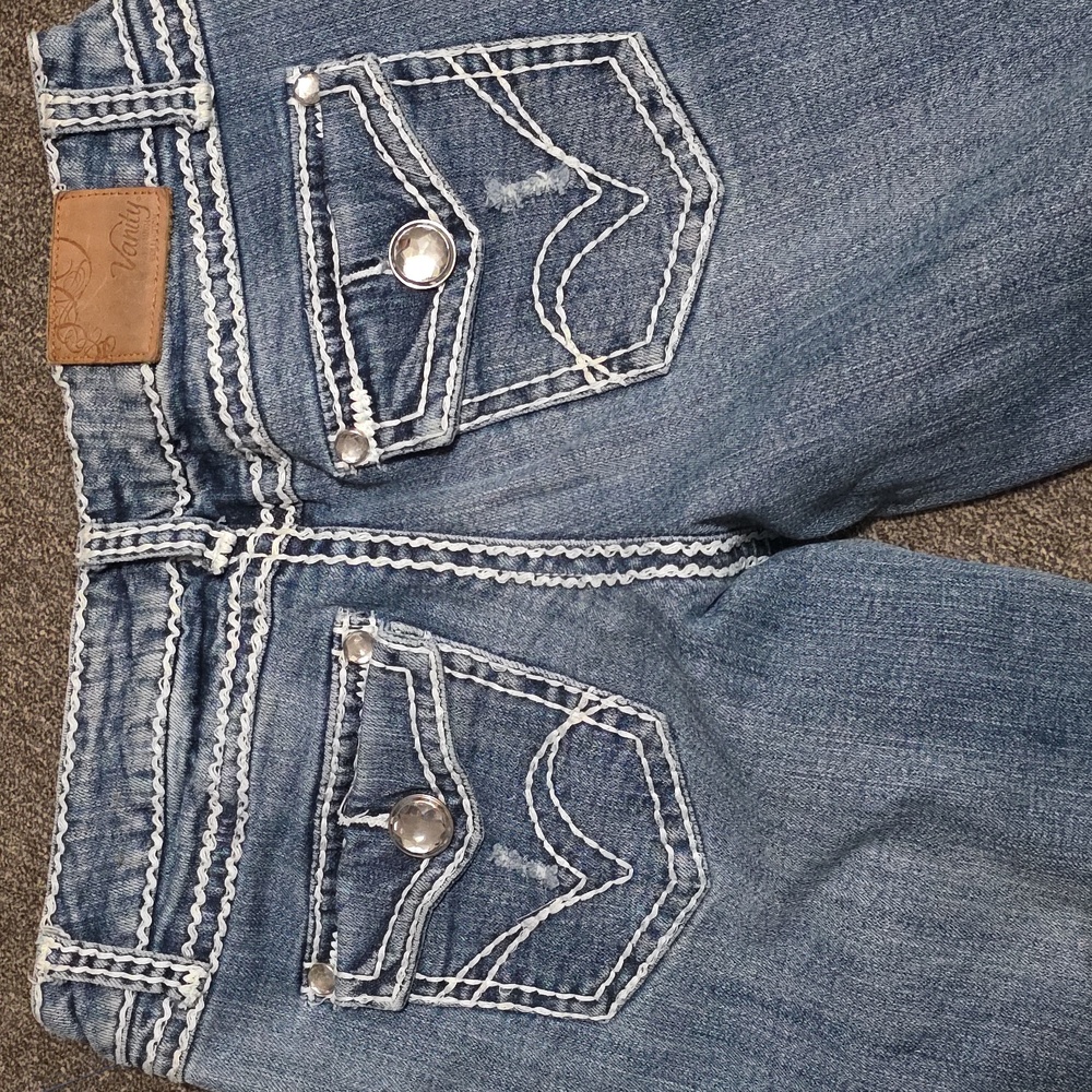 Vanity Blue Distressed Boot Cut Jeans Rhinestone Buttons White Stitch